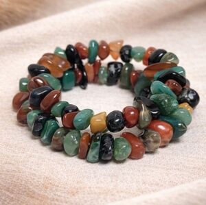 Multicolor Natural Stone Coil Wrap Bracelet – Boho Earthy Stack – Handmade – New